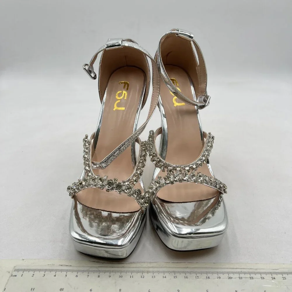 FSJ Metallic Silver Ankle Strap Sandal Rhinestone Stiletto Heel Shoe
